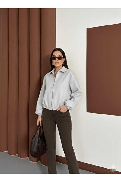 aytenli Polo Collar Zipper Closure Pocket Skirt Sleeves with Elastic Hem Imported Cashmere Lined Mini Crisp Bomber Jacket