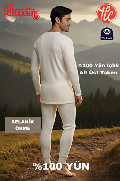 Hasyün Men's 100% Wool Sweat-Absorbent Non-Irritating Underwear Long Sleeve Bottom Top Set