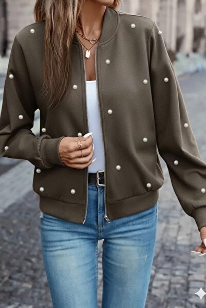 Mossta Pearl Detailed Zippered Modal Jacket - Mink