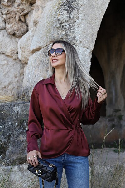 bytugcekaya Bordo Saten Yandan Bağlamalı Gömlek