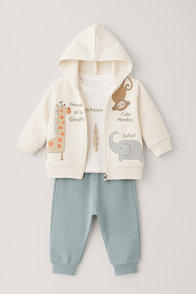 Uğur bebe 100% Cotton Hooded Cardigan Sweatshirt Sweatpants 3-Piece Baby Boy Set Safari Soft Textured