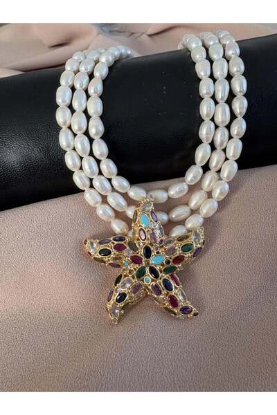 BuinJewellery Üç Sıra İnci Deniz Yıldızı Zirkon Kolye