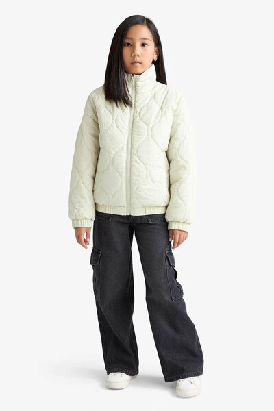 DeFacto Waterproof Back Printed Zippered Quilted Light Green Girl's Coat E993...