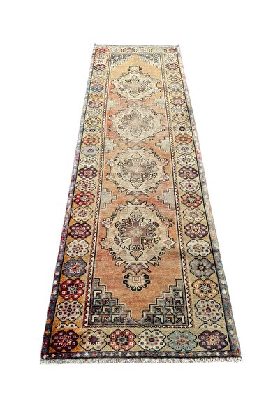 BURAK HALI El Dokuma Vintage Eskitme Maden Halısı 94x300 Yün 3 Metre Yolluk