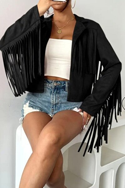 Mossta Jachetă crop din piele intoarsa cu detaliu cu ciucuri - Negru