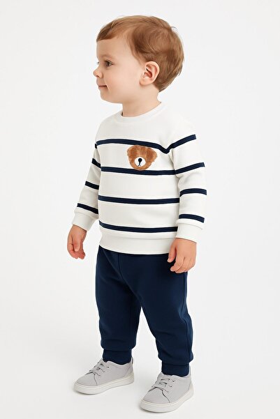dinamik çocuk Striped Punch Teddy Bear Baby Set with Snap Fasteners on the Shoulder, 2-Piece Bottom and Top, Transitional Months, 3-6-9-12 Months
