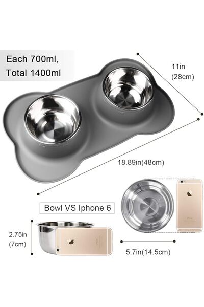 Choice Double Dog Bowl M (2×700 ml) Non-Slip Silicone Tray Stainless Steel - Gray