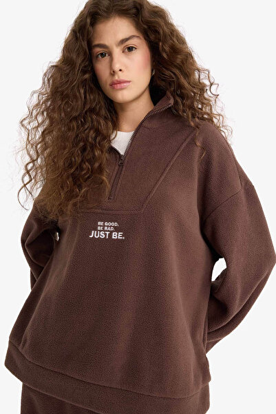 DeFacto Oversized Mock Neck Zippered Printed Fleece Brown Women's Coat Y2649Az/Bn258