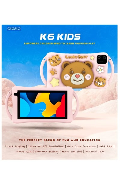 OTEETO K6 Kids 7 inch Tablet with SIM – 6GB RAM/ 128GB Memory – Black + Pink