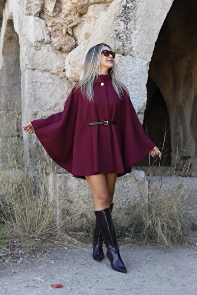 bytugcekaya Burgundy standard size button detailed belted stamp poncho