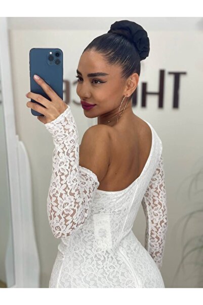 sajarsln Embossed Lace Patterned One Sleeve Detachable Full Stretch Fabric One Shoulder Strapless Maxi Length Dress