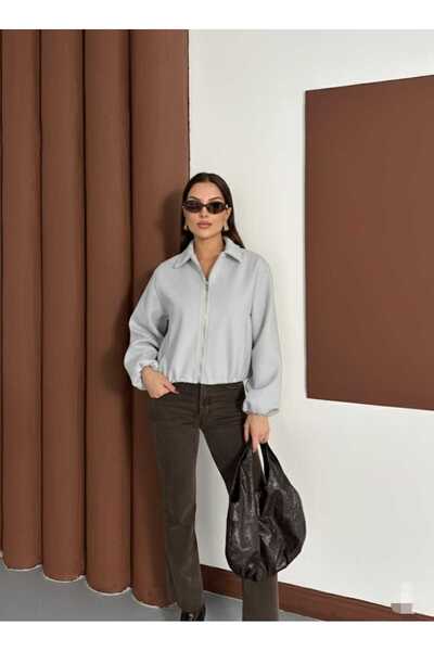 aytenli Polo Collar Zipper Closure Pocket Skirt Sleeves with Elastic Hem Imported Cashmere Lined Mini Crisp Bomber Jacket