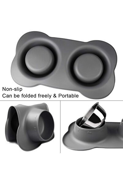 Choice Double Dog Bowl M (2×700 ml) Non-Slip Silicone Tray Stainless Steel - Gray