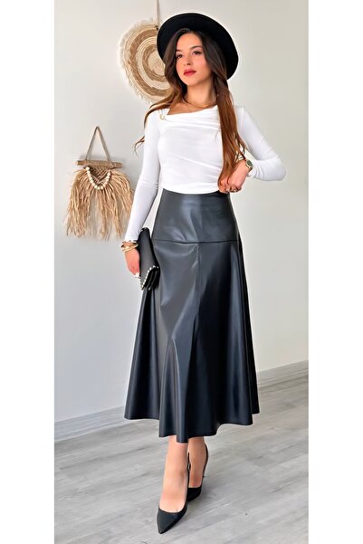 Şamdan Long Faux Leather Skirt with Cotton Inside