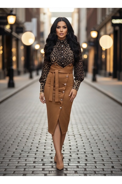 1Moda1Tarz Imported Fabric Top, Scuba Bottom, Suede Lining, Button Detail, Special Design Belted Midi Dress