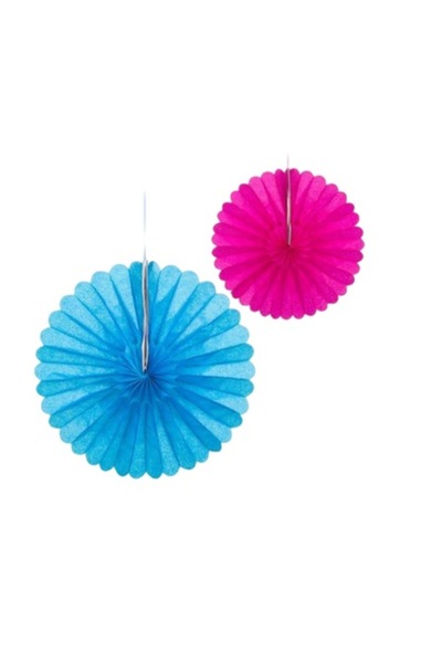 Evolium Set of 2 decorative hanging paper fan rosettes, 30 cm & 40 cm, Blue-Fuchsia