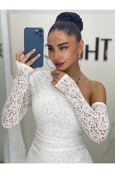 sajarsln Embossed Lace Patterned One Sleeve Detachable Full Stretch Fabric One Shoulder Strapless Maxi Length Dress