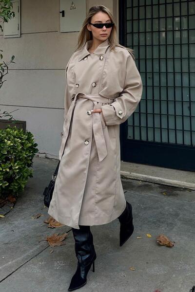 Swist Bej Oversize Kuşaklı Kruvaze Yaka Apoletli Kadın Midi Trençkot