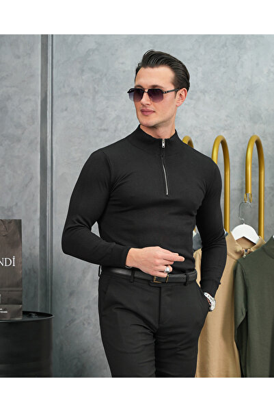 MODEFENDİ Erkek Siyah Pamuk Likra Slim Fit Yarım Fermuarlı Düz Kazak
