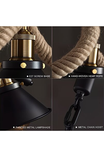 ETRONIK 3 Light Rope Pendant Light Industrial Ceiling with Vintage Chandelier Kitchen Dining Room Bar