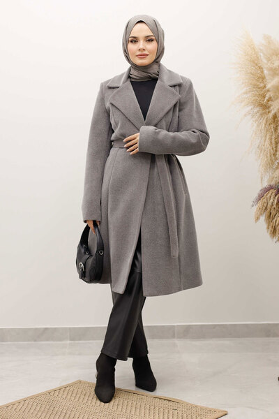 Tesettür Dünyası Lined Medium Length Fox Coat Tsd250245 Gray