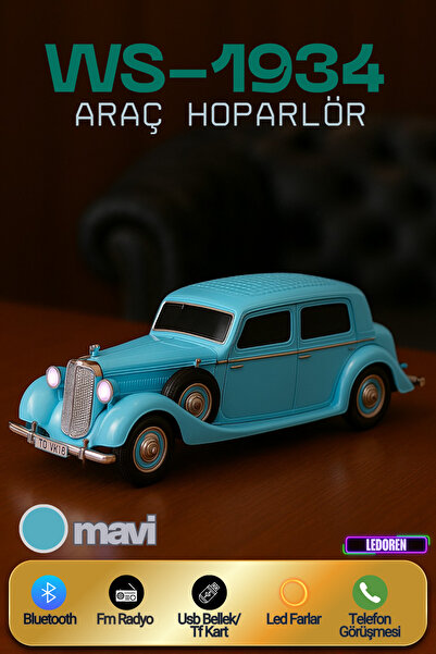 L'eDoren WS-1934 Pontiac Sedan Diecast Araba Bluetooth Hoparlör Işıklı, FM Ra...