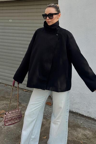 Swist Black Mock Neck Women's Short Trench Coat with Button Detail