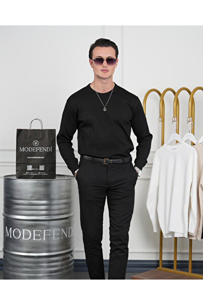 MODEFENDİ Pulover pentru bărbați, din bumbac negru, lycra, slim fit, cu gât c...