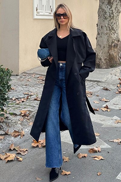 Swist Siyah Oversize Kuşaklı Kruvaze Yaka Apoletli Kadın Midi Trençkot