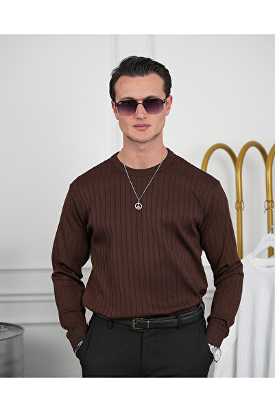 MODEFENDİ Pulover pentru bărbați, maro, din bumbac, lycra, slim fit, cu gât t...