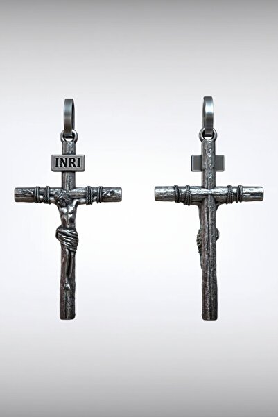 HAS SANATIM INRI Yazılı Oksitli Gümüş Rengi İsa Mesih Figürlü Haç Kolye - Kar...