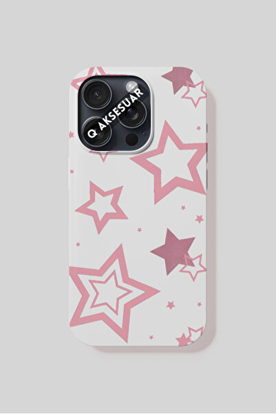 Q Aksesuar iPhone 7 Plus Compatible Pink Star Design Phone Case - White