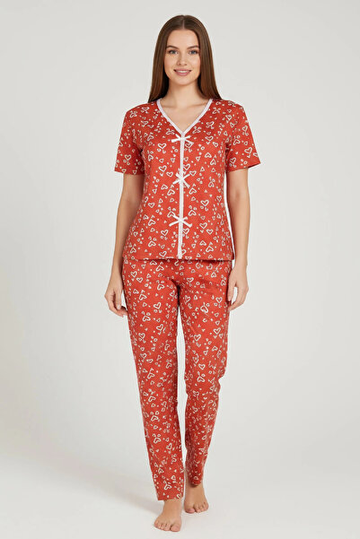Beruflic Women's Orange Heart Patterned Bow Short Sleeve Long Pajama Set