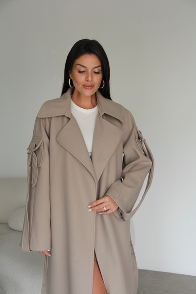 Julidress Oversized (Bol) Lined Premium Long Cashmere Coat with Stone Belted Sleeves Detail