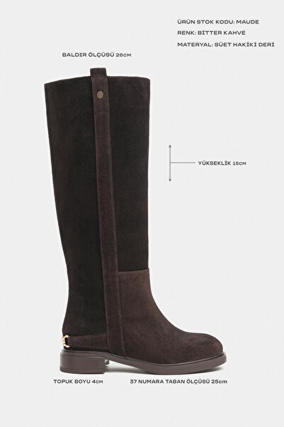 NİŞANTAŞI SHOES Maude Bitter Brown Suede Genuine Leather Round Toe Flat Sole Women's Boots