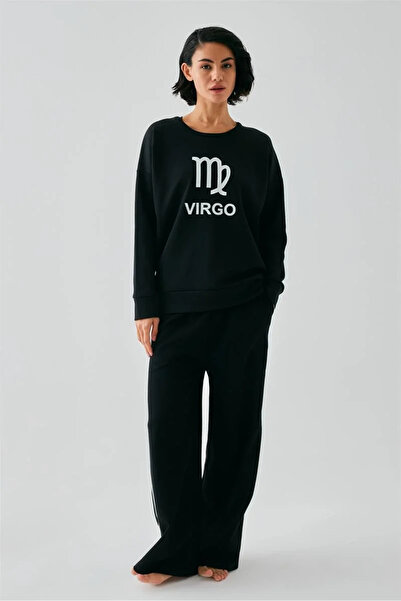 Beruflic Women's Black Virgo Oversized 2 Thread Tracksuit Home Wear Set