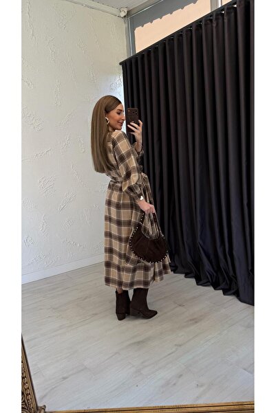 elif teke Holzzi Ekoseli Elbise Kahverengi