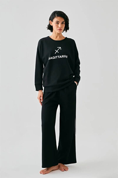 Beruflic Women's Black Sagittarius Oversized 2 Thread Tracksuit Home Wear Set
