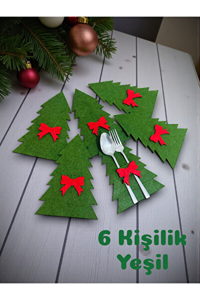 Karter İnovasyon Christmas Patterned Ribbon Cutlery Holder, Christmas Decoration, Christmas Ornament for 6 People