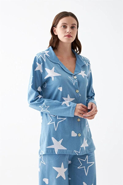 Beruflic Women's Blue Star Patterned Buttoned Cotton Pajamas Set