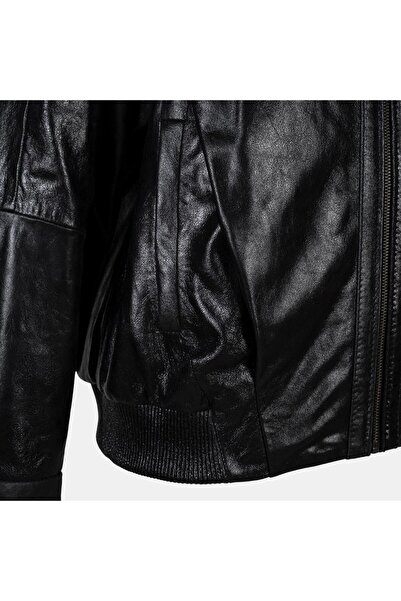 Desa Women's Black Shirt Collar Leather Bomber Jacket