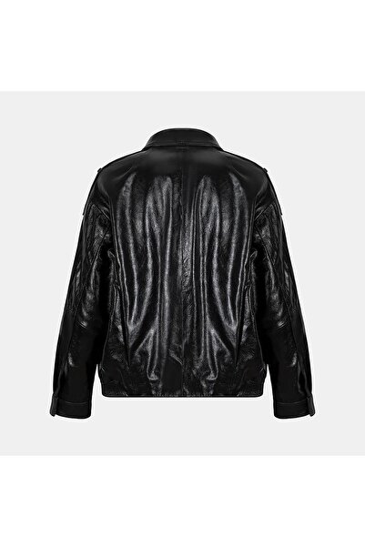 Desa Women's Black Shirt Collar Leather Bomber Jacket