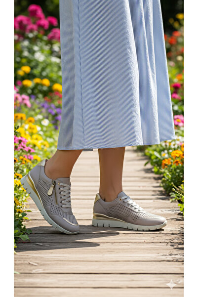 Ceyo 6601-1 Genuine Leather Orthopedic Summer Lace-Up and Zippered Soft Flexible Women's Casual Daily Sneaker