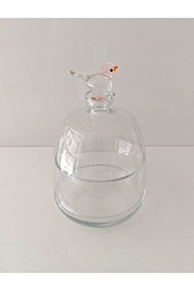 ADAMODART Pembe Kuş Cam Figürlü Kapaklı Reçellik & Şekerlik