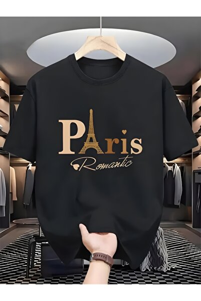 تيشيرت أسود بأكمام قصيرة ورقبة دائرية مطبوع شعار Altin Paris، من Zenrova، للجنسين، بقصة قصة فضفاضة .