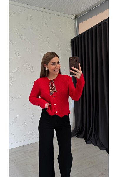 elif teke Leoo Scarf Detailed Buttoned Knitwear Cardigan Red