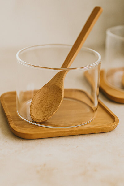 Bohemian Borosilicate Glass Soufflé Bowl Set with Bamboo Plate and Spoon – Set of 4