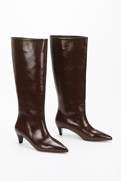 MFT AYAKKABI Kadın Rugan Dizaltı Stiletto Topuklu Fermuarsız Çizme