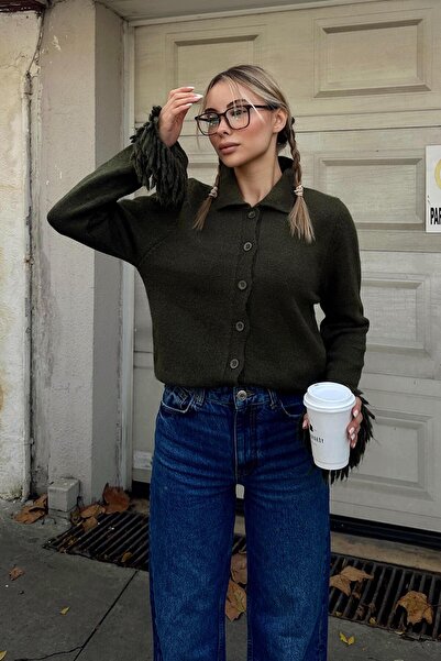 Swist Khaki Sleeve Tassel Detail Polo Neck Women's Knitwear Cardigan