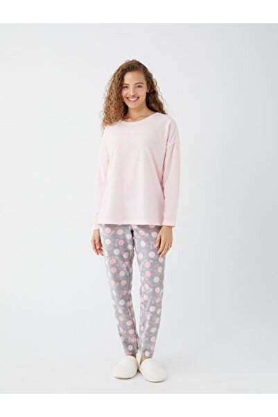 LC Waikiki Crew Neck Patterned Long Sleeve Fleece Women's Pajamas Set